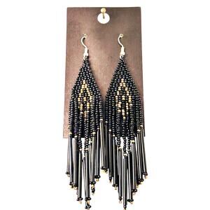 Handmade Beaded Boho Fringe Earrings Black Gold Statement Dangle NEW